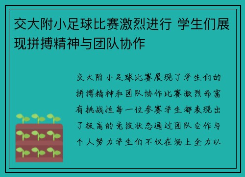 交大附小足球比赛激烈进行 学生们展现拼搏精神与团队协作