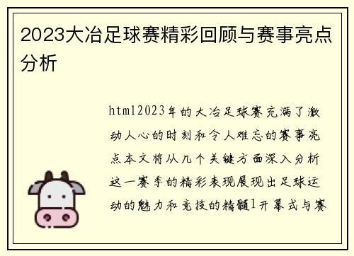 2023大冶足球赛精彩回顾与赛事亮点分析