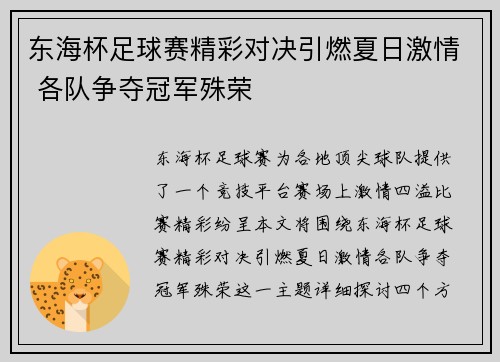 东海杯足球赛精彩对决引燃夏日激情 各队争夺冠军殊荣