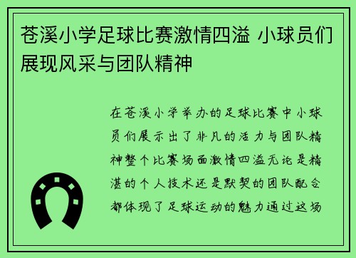 苍溪小学足球比赛激情四溢 小球员们展现风采与团队精神