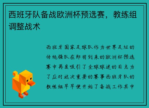 西班牙队备战欧洲杯预选赛，教练组调整战术