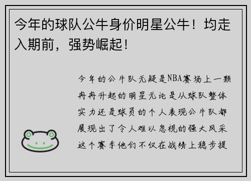 今年的球队公牛身价明星公牛！均走入期前，强势崛起！