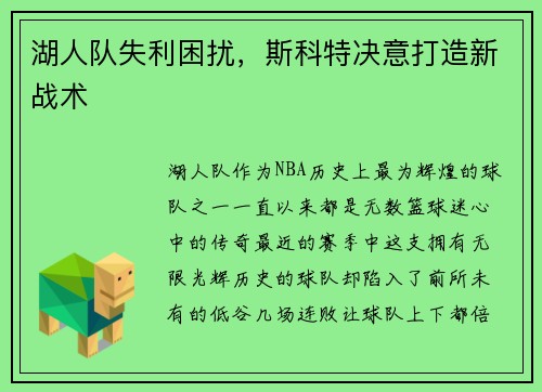 湖人队失利困扰，斯科特决意打造新战术