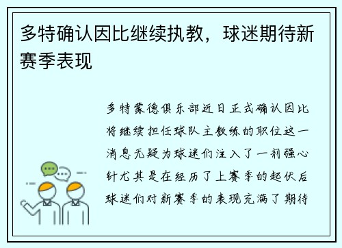 多特确认因比继续执教，球迷期待新赛季表现
