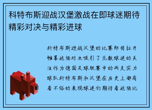 科特布斯迎战汉堡激战在即球迷期待精彩对决与精彩进球