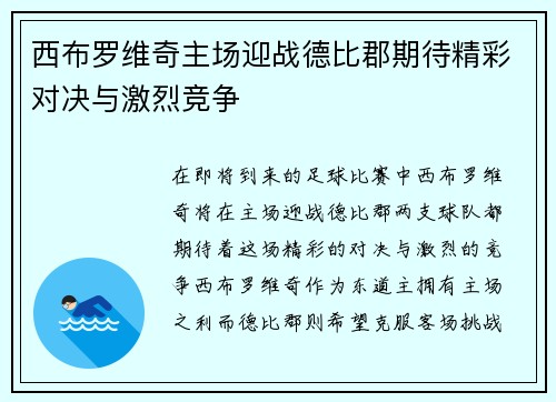 西布罗维奇主场迎战德比郡期待精彩对决与激烈竞争