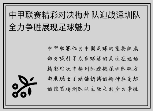 中甲联赛精彩对决梅州队迎战深圳队全力争胜展现足球魅力