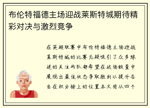 布伦特福德主场迎战莱斯特城期待精彩对决与激烈竞争