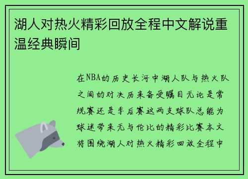 湖人对热火精彩回放全程中文解说重温经典瞬间