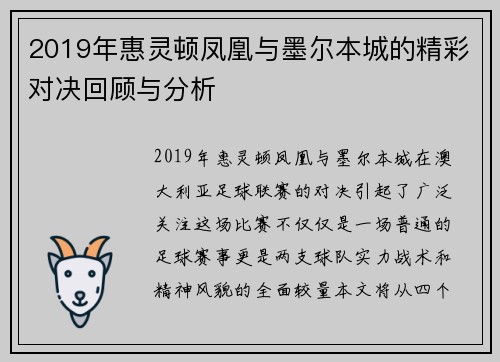 2019年惠灵顿凤凰与墨尔本城的精彩对决回顾与分析