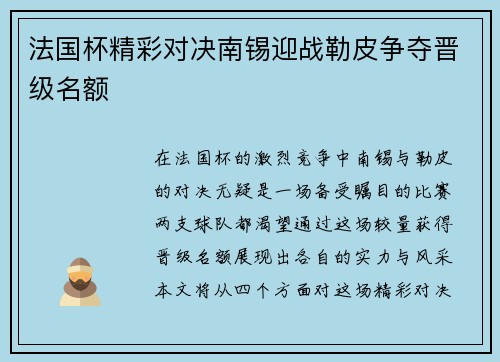 法国杯精彩对决南锡迎战勒皮争夺晋级名额
