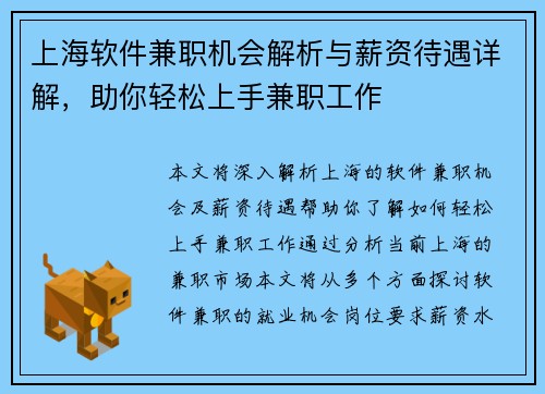 上海软件兼职机会解析与薪资待遇详解，助你轻松上手兼职工作