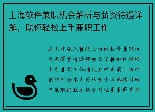 上海软件兼职机会解析与薪资待遇详解，助你轻松上手兼职工作